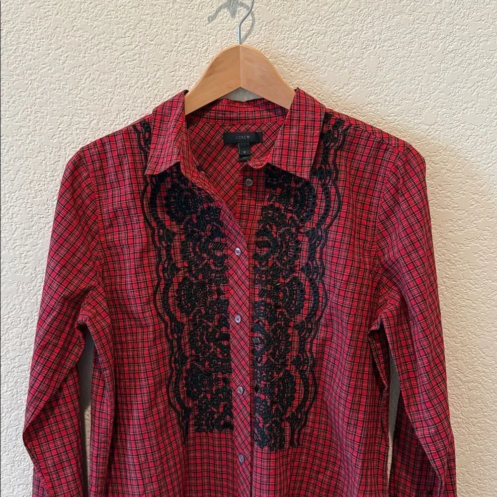 J. Crew Red and Black Plaid Shirt with Beaded Embroidery Size 8